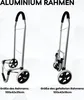 Two aluminum shopping trolleys are shown side-by-side against a light gray and white background. The trolley on the left is shown in its unfolded state, while the trolley on the right is shown in its folded state. Text below each trolley indicates its dime Náhľad obrázku produktu
