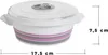 A white microwave dish with pink and gray stripes, shown with dimensions indicated. Produktbild-Vorschau