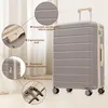 A gray suitcase is shown with callouts highlighting its features. The background is a soft, neutral curtain. Náhľad obrázku produktu