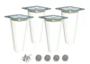 Four white tapered furniture legs with silver mounting plates and screws and felt pads on a white background. Podgląd zdjęcia produktu