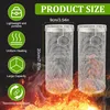 Two cylindrical stainless steel grill baskets are shown against a fiery background, with text overlays describing product features and dimensions. Produktbild-Vorschau