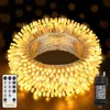 A coiled string of warm white LED lights with a remote control and power adapter. Produktbild-Vorschau