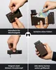 A collage of four images demonstrating the features of a brown cardholder. Produktbild-Vorschau