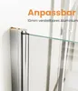 Close-up of a shower screen hinge and glass edge, with marketing text overlay. Produktbild-Vorschau