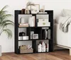 A black wooden bookshelf filled with books, decorative items, and a camera. Podgląd zdjęcia produktu