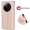 A product image showcasing a rose gold flip phone case with floral embossing, accompanied by a graphic illustrating a magnetic closure. Produktbild-Vorschau