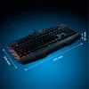 A gaming keyboard with RGB lighting is shown against a dark blue gradient background. Dimensions are indicated with lines and text. Produktbild-Vorschau