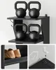 A collage showing a black multi-tiered shelf with kettlebells on the top two shelves, and a detail of shoes on the bottom shelf. Another detail shows mounting hardware. Anteprima dell’immagine prodotto