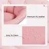 Close-up views of a pink chair, highlighting its material and ease of cleaning. Produktbild-Vorschau