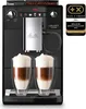 A black automatic coffee machine with two glasses of latte macchiato. Produktbild-Vorschau