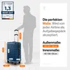 A silhouette of a person standing next to a blue suitcase, with dimensions and text overlays indicating its suitability as airline luggage. Produktbild-Vorschau