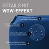 Close-up of a blue beanbag chair with text overlays highlighting features. Produktbild-Vorschau