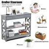 A grey console table with multiple shelves and a drawer, styled with decorative items and books, with callouts for different uses. Produktbild-Vorschau
