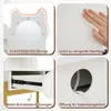 A collage of four close-up images showcasing different features of a white vanity table with gold legs, including a cat-shaped design with lights, a hand cleaning the surface, a drawer with metal runners, and a cable management opening. Podgląd zdjęcia produktu