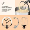 A collage showing a stand mixer in action and its three attachments. Produktbild-Vorschau