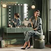 A woman is applying makeup in a stylish dressing room with a vanity and mirror. Anteprima dell’immagine prodotto