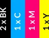 A graphic showing four vertical bars of color: black, blue, magenta, and yellow. Each bar has white text indicating a quantity and a letter. Produktbild-Vorschau