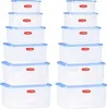 A set of 12 clear plastic food storage containers with blue lids, stacked in two columns. Náhled obrázku produktu