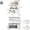 A collage of images showing a white kitchen cabinet with dimensions and details, including drawers and shelves. Produktbild-Vorschau