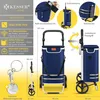 A collage of images showcasing a blue KESSER shopping trolley and its features, including dimensions, capacity, and accessories. Produktbild-Vorschau