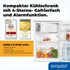 A product image showcasing a compact refrigerator with various awards and feature callouts. Produktbild-Vorschau