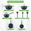 A diagram showing different sizes of pots, pans, and kitchen utensils with measurements. Anteprima dell’immagine prodotto