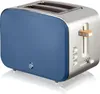 A blue and silver toaster is shown from a three-quarter angle on a white background. Produktbild-Vorschau