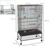 A large black metal bird cage with wooden perches and accessories, shown on a white background with dimensions indicated by text overlays. Podgląd zdjęcia produktu