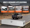 A product image showcasing a silver aluminum toolbox in various scenarios: on a truck, in a garage, and in a toolroom. The toolbox is also shown in the foreground on a road. Produktbild-Vorschau