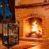 A fireplace with a fire burning, and a metal firewood rack filled with logs next to it. Podgląd zdjęcia produktu