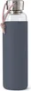 A glass water bottle with a gray silicone sleeve and a silver cap, presented on a white background. Produktbild-Vorschau