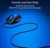 A gaming mouse with its cable on a blue background, accompanied by marketing text. Produktbild-Vorschau