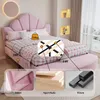 A pink upholstered bed with a shell-shaped headboard and a matching bench, shown in a bedroom setting with decorative elements and close-up views of materials. Produktbild-Vorschau