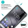 A smartphone screen protector is shown on a smartphone, with arrows indicating its case-friendly nature. Produktbild-Vorschau