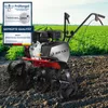 A BRAST petrol garden tiller is shown in a field with rows of green plants in the background. Produktbild-Vorschau