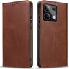 A brown leather flip case for a smartphone is shown from two angles, one closed and one open to reveal the phone's camera. Produktbild-Vorschau