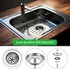 A stainless steel kitchen sink with a faucet, set into a wooden countertop. Below the sink are three circular insets showing close-ups of sink drain components. Produktbild-Vorschau