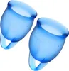 Two blue menstrual cups are shown against a white background. Náhled obrázku produktu