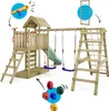 A wooden playground set with a slide, swings, and climbing features, presented on a white background with illustrative overlays. Náhľad obrázku produktu