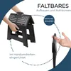 A collage of images showing a black folding step stool. One image shows hands unfolding the stool, and another shows a hand holding the stool closed. Text overlays describe its features. Produktbild-Vorschau