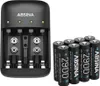 A battery charger and a set of rechargeable batteries are displayed on a white background. Produktbild-Vorschau