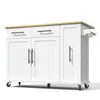 A white kitchen cart with a wooden top and black handles, shown against a white background. Voir les images du produit