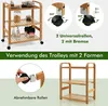 A collage of images showing a bamboo serving trolley with three shelves, its wheels, and how to attach them. The trolley is shown with and without wheels, and with some items on it. Podgląd zdjęcia produktu