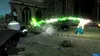 Two Lego figures are engaged in a magical duel, with green energy blasts flying between them in front of a ruined castle. Produktbild-Vorschau