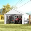 A white tent-like garage structure is set up in a grassy yard, housing a red tractor and storage shelves. Produktbild-Vorschau