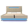 A beige upholstered bed frame with a padded headboard and integrated LED lighting. Produktbild-Vorschau