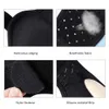 A collage of four close-up images showcasing different features of a black hernia belt. Podgląd zdjęcia produktu