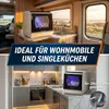 Collage showing a compact dishwasher in two different settings: inside a camper van and in a small kitchen. Produktbild-Vorschau