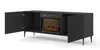 A black TV cabinet with an electric fireplace in the center, shown from a slightly diagonal angle with the left door open. Podgląd zdjęcia produktu
