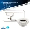 A diagram showing how a sink siphon connects to a drain pipe, with a product image of a white adapter fitting. Produktbild-Vorschau